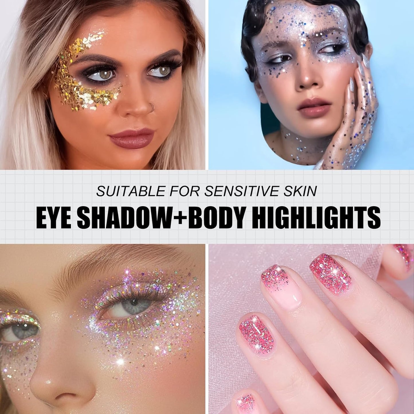 16 Colors Chunky Fine Mixed Holographic Glitter Gel Set for Face and Body Makeup Festival Party Sparkle Glitter Gel Decoration Rave Accessories