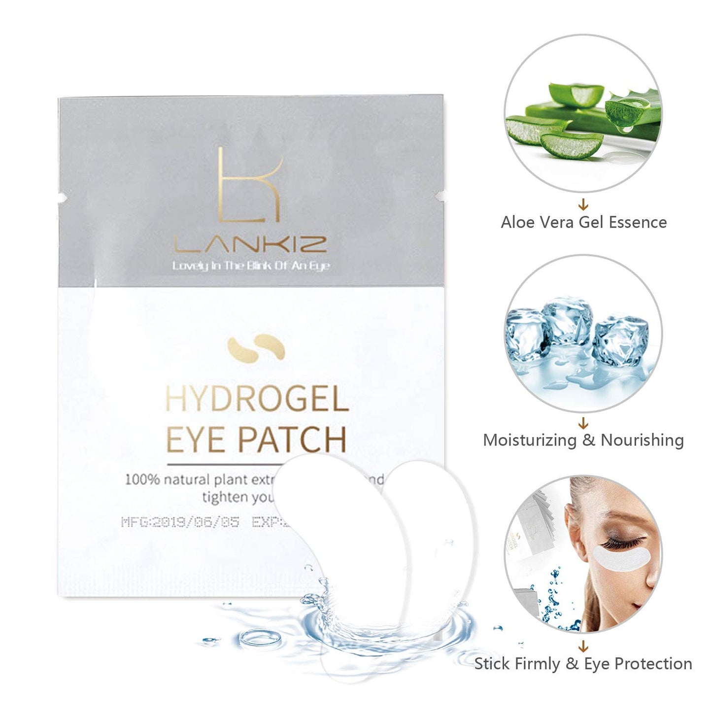 LANKIZ 100 Pairs Under Eye Gel Pads for Lash Extensions, 100% Natural Plant Extract, Collagen Hydrogel, Lint-Free, Moisturizing, Reduces Dark Circles and Eye Puffiness