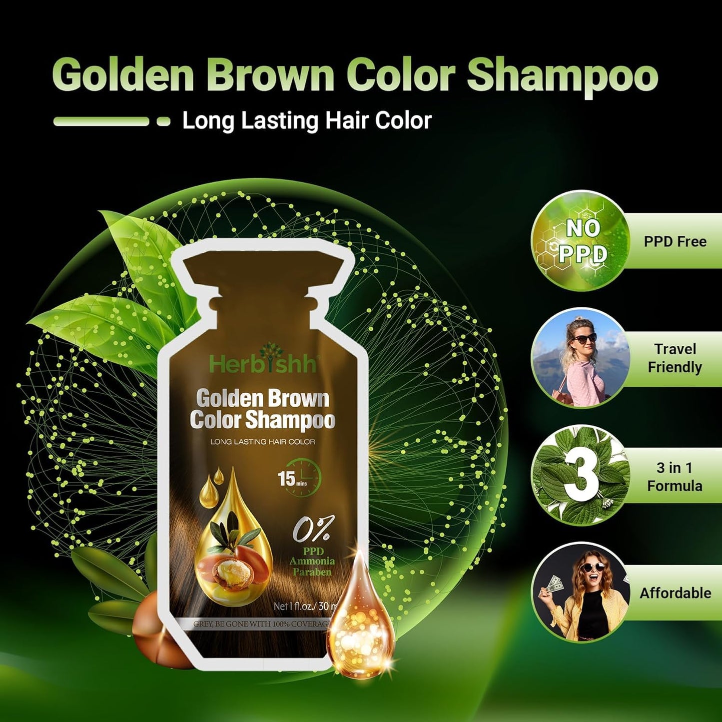 Golden Brown Hair Shampoo, Hair Color for Gray Coverage, 3 in 1 Hair Dye Shampoo - champu para tenir el cabello, Colors in Minutes, Easy to Use PPD Free Pouch 30mlx10p