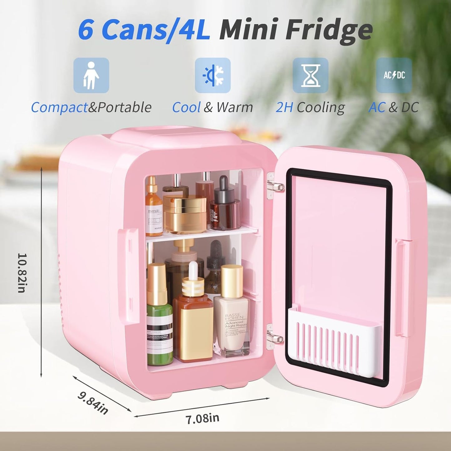 YASHE Skincare Fridge Mini Fridge for Bedroom with Dimmable LED Mirror, 4Liter/6 Cans Cooler and Warmer for Makeup, Cosmetic, Beauty, Portable Refrigerator for Bedroom, Vanity, Office and Car- Pink