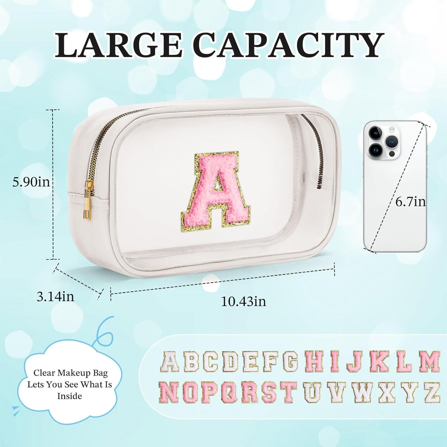 YOOLIFE Initial Make Up Bag Travel Toiletry Bag, Clear Makeup Bag Preppy Cosmetic Bags Organizer Travel Essentials Gifts for Women Teen Girlfriend Teacher Mom Birthday Mothers Day Gifts White E