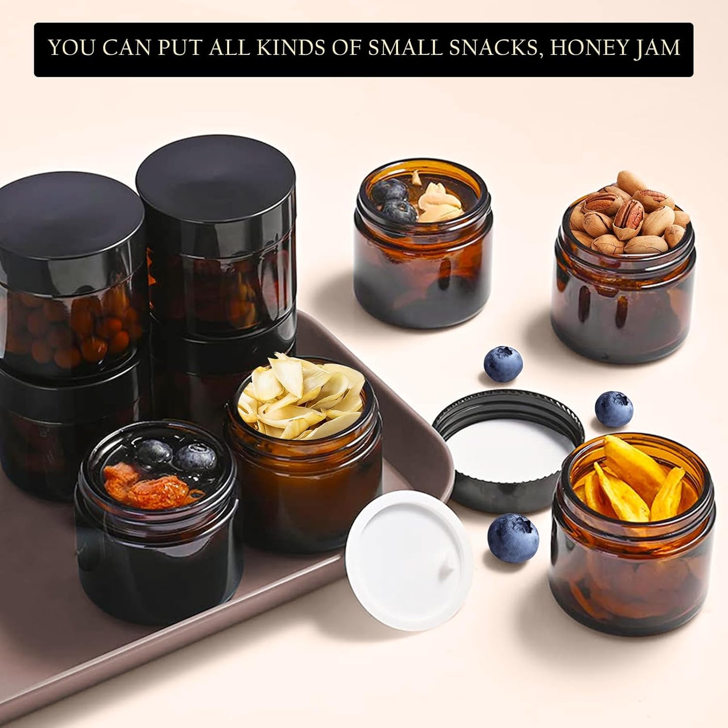 Lil Ray 2 Oz Glass Cream Jars with Black Lid, Empty Amber Glass Containers, Refillable Cosmetic Vials for Lotion, Ointment (12 PCS)