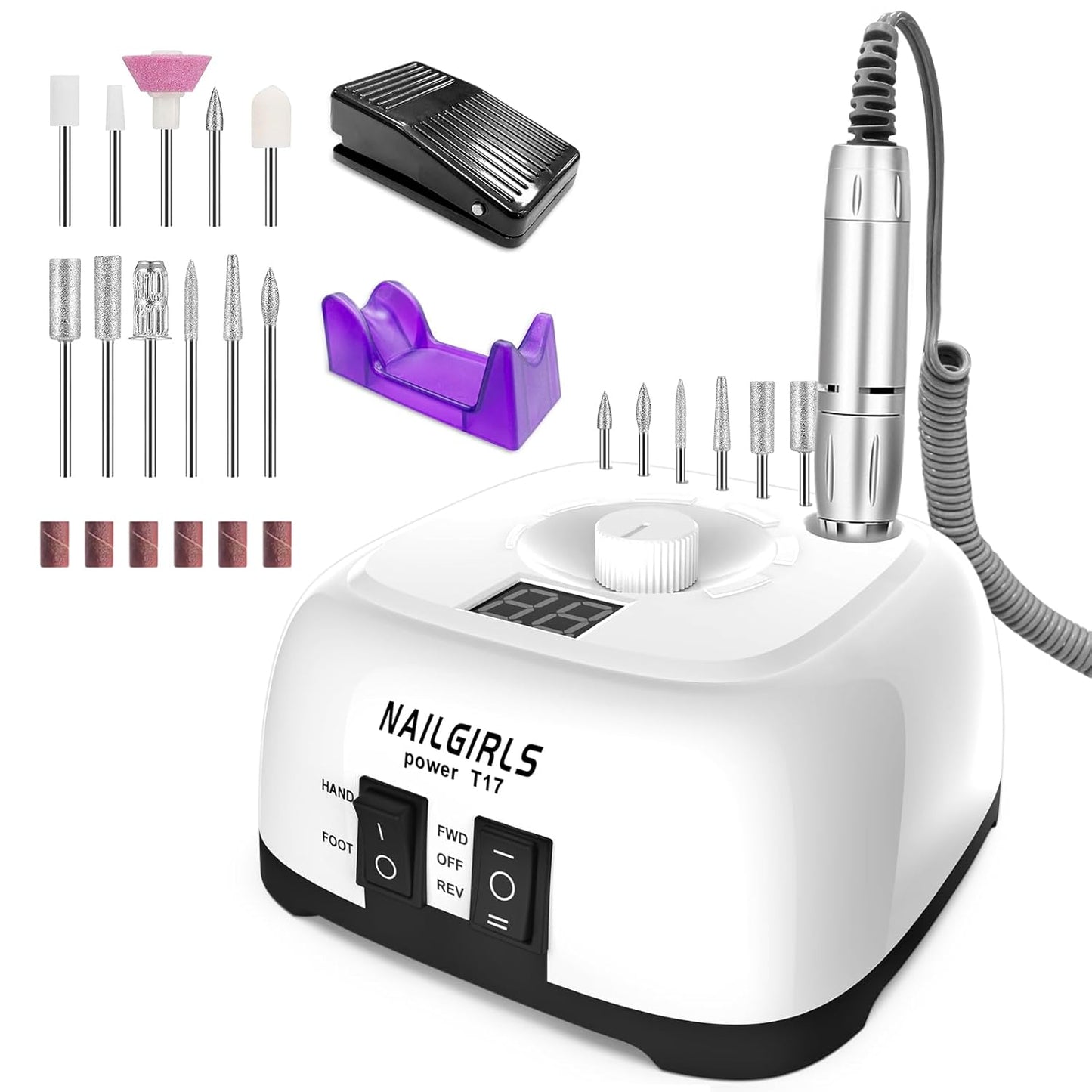 NAILGIRLS Electric Nail Drill Professional 35000RPM with Foot Pedal, Nail Drill Machine for Acrylic Gel Nails Manicure Pedicure with LCD Display Efile Tool for Salon Home Use