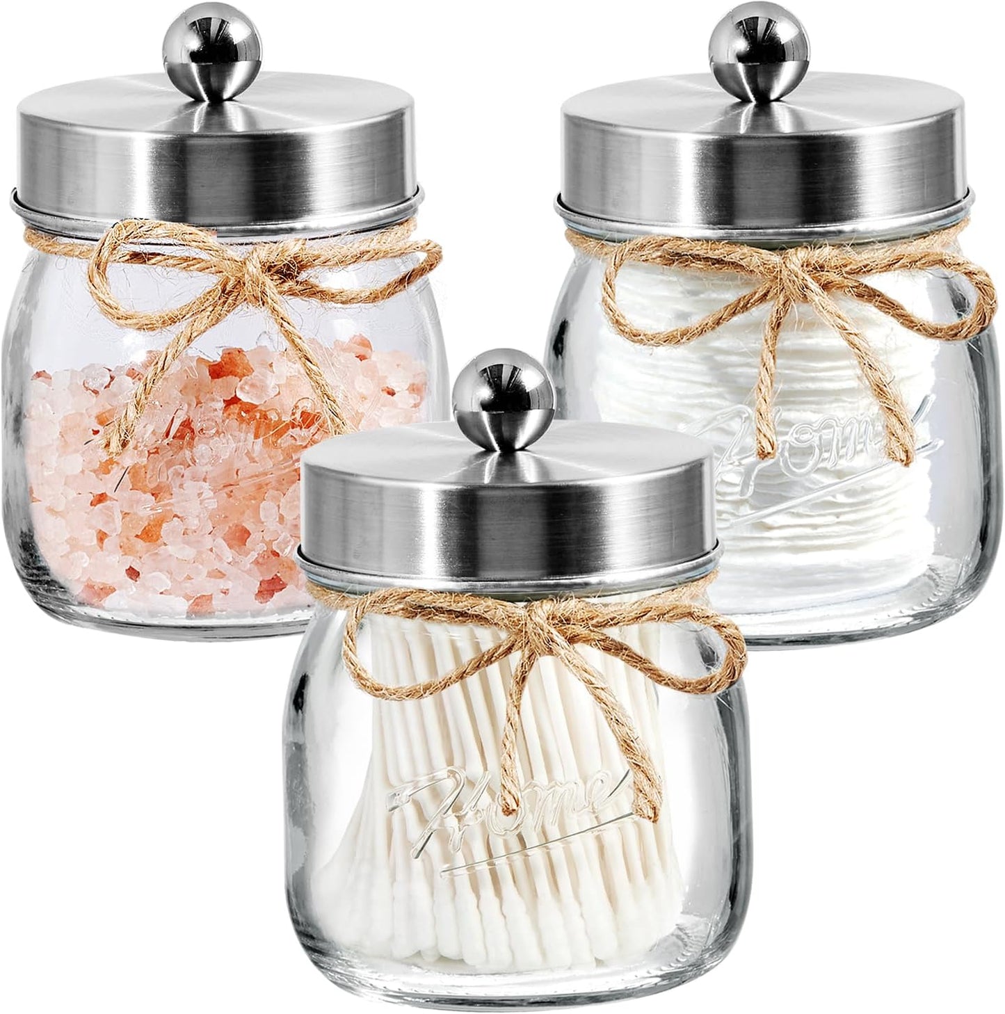 SheeChung 3 Pack Qtip Holder, Contracted Design Bathroom Decor, Apothecary Jars, Mason Jars Bathroom Accessories Set for Cotton Balls, Floss Picks, Cotton Round Pads - Brushed Steel