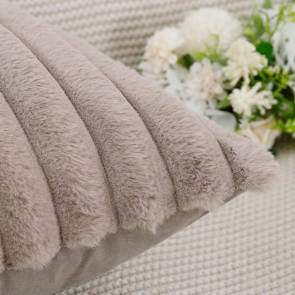 MADIZZ Set of 2 Faux Wool Plush Decorative Throw Pillow Covers 12x20 Inch Taupe Fluffy Striped Soft Decorative Cushion Cover for Sofa Bedroom Pillow Shell