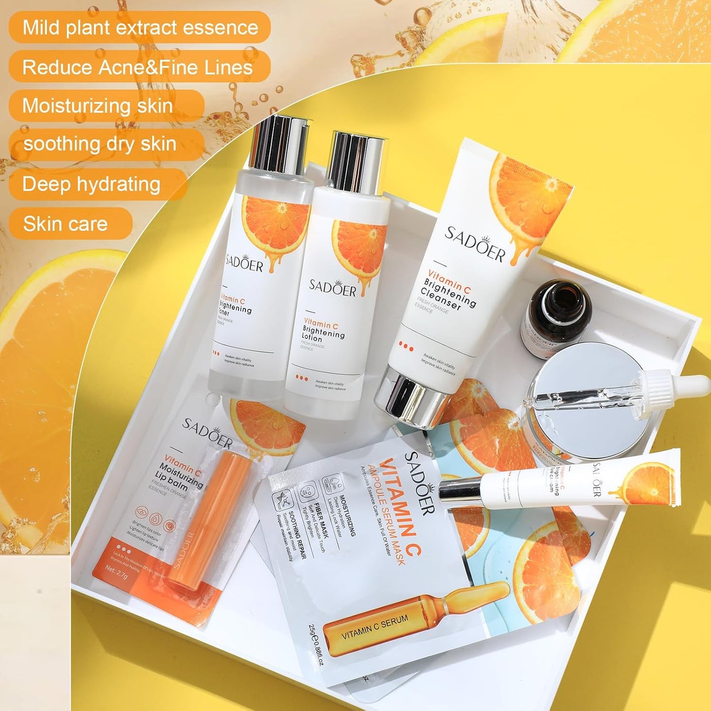 10 Pcs Skin Care Sets Face Care Set for Women Includes 1 Pcs Cleanser, Toner, Lotion, Eye Cream, Serum, Face Cream, Lip Balm and 3 Facial Masks Skincare Gift for Girls (Vitamin C)