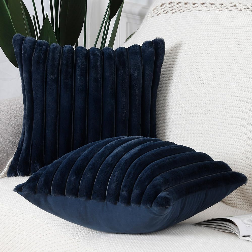MADIZZ Set of 2 Faux Wool Plush Decorative Throw Pillow Covers 22x22 Inch Dark Blue Fluffy Striped Soft Decorative Cushion Cover for Sofa Bedroom Pillow Shell