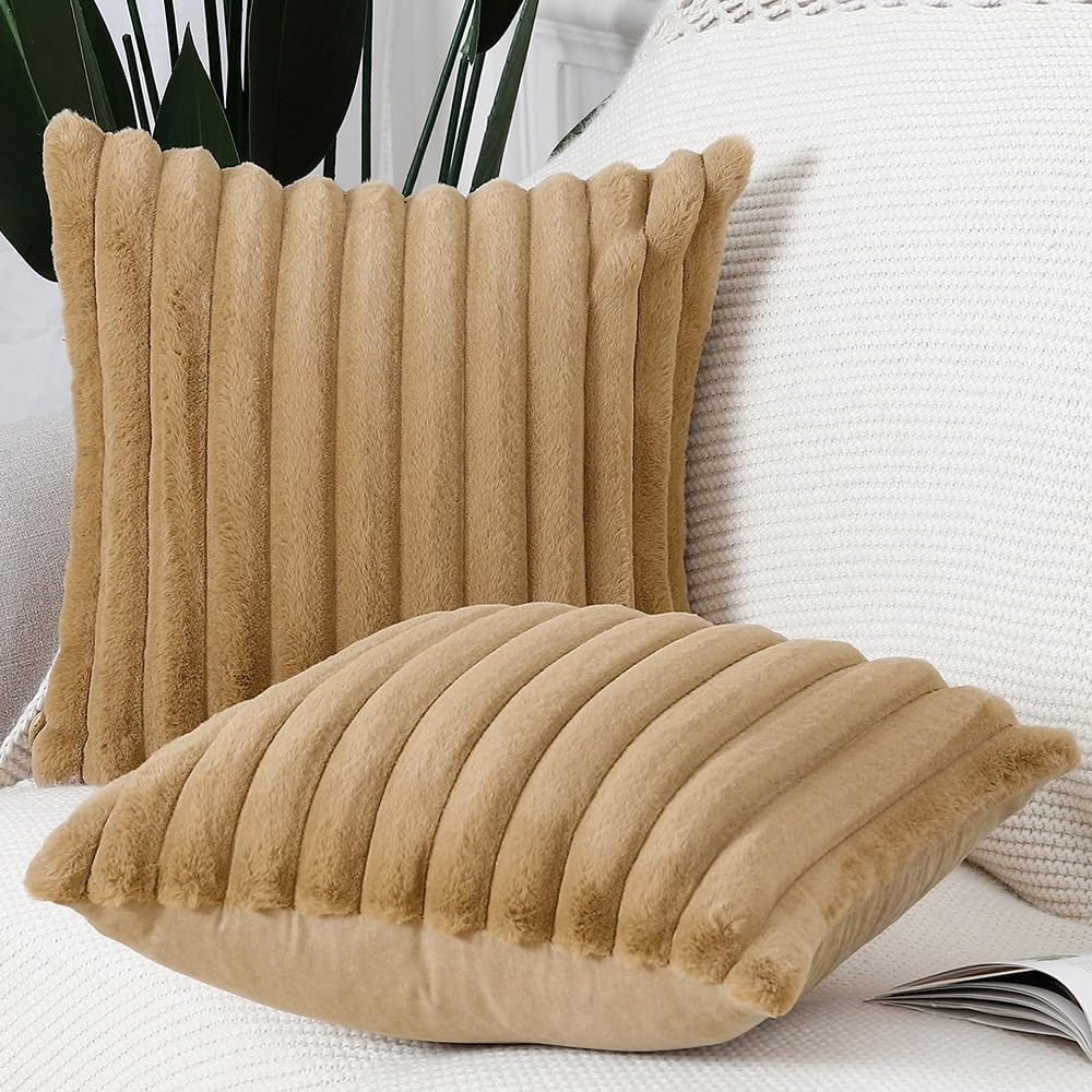 MADIZZ Set of 2 Faux Wool Plush Decorative Throw Pillow Covers 22x22 Inch Camel Fluffy Striped Soft Decorative Cushion Cover for Sofa Bedroom Pillow Shell
