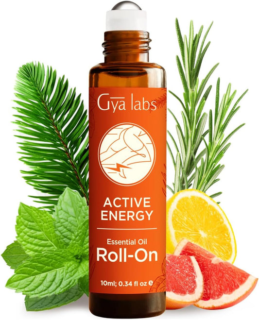 Gya Labs Active Energy Essential Oil Roll on - 100% Pure Natural, Blend with Energizing Lemon & Refreshing Peppermint Oil, Aromatherapy Roller, Travel Size (0.34 Fl Oz)