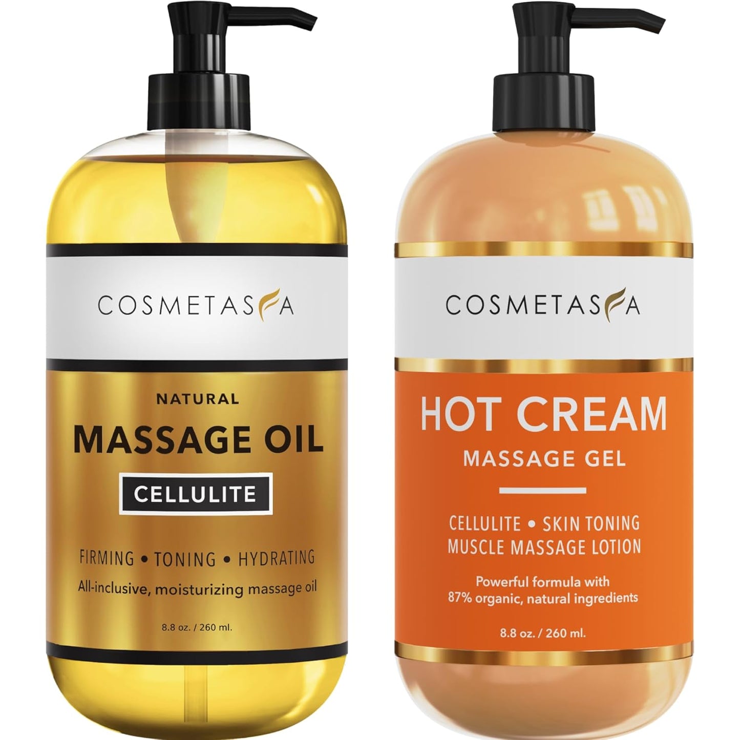 Cellulite Massage Oil & Hot Cream - 100% Natural Cellulite Oil & Gel, Highly Absorbable, Firm, Tone, Tighten & Moisturize Skin - Soothes Muscles (8.8 Fl Oz Each Bottle)