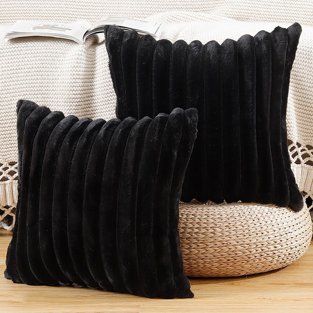 MADIZZ Set of 2 Faux Wool Plush Decorative Throw Pillow Covers 16x16 Inch Black Fluffy Striped Soft Decorative Cushion Cover for Sofa Bedroom Pillow Shell