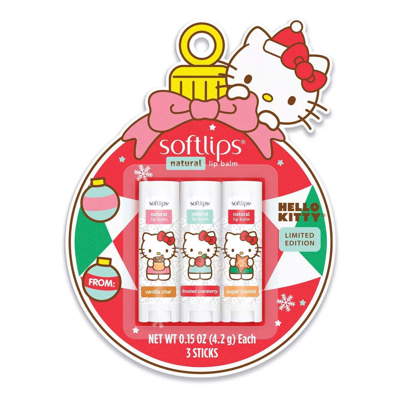 Hello Kitty Limited Edition Softlips Ornament Natural Lip Balm 3-Pack Vanilla Chai, Frosted Cranberry, Sugar Cookie, Holidays 2020