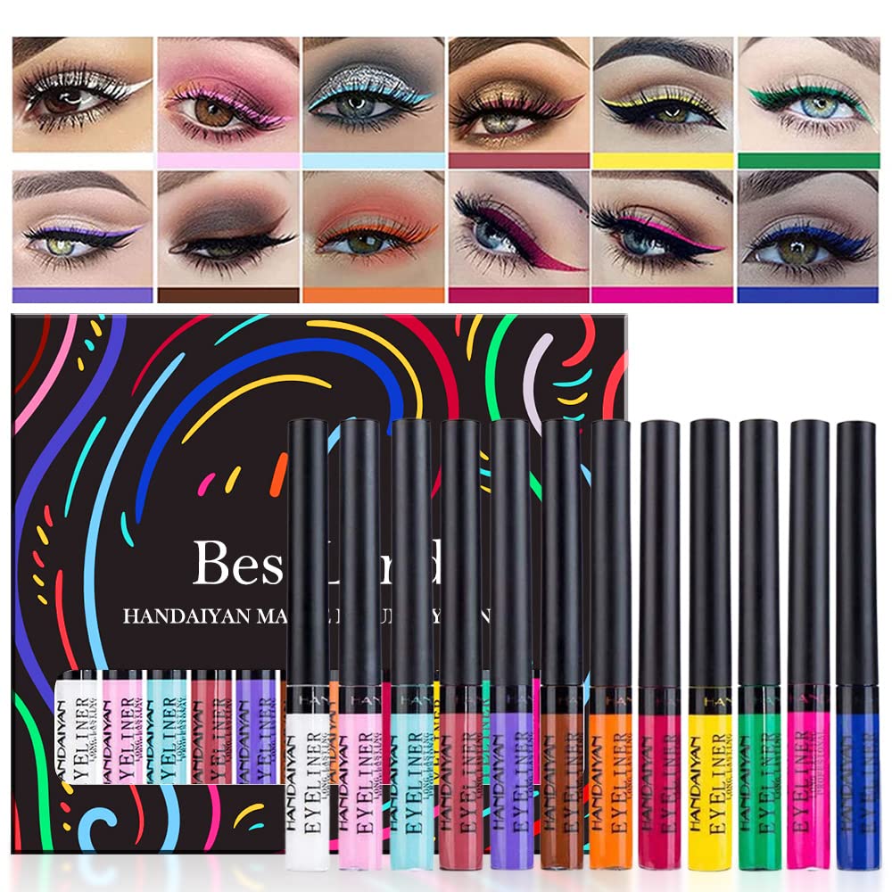 BestLand 12 Colors Matte Liquid Eyeliner Set Rainbow Colorful Neon Eyeliner Pencil Pigmented Waterproof Smudgeproof Long Lasting Gel Eye Liner Christmas Makeup Gift Kit for Women (Set A)