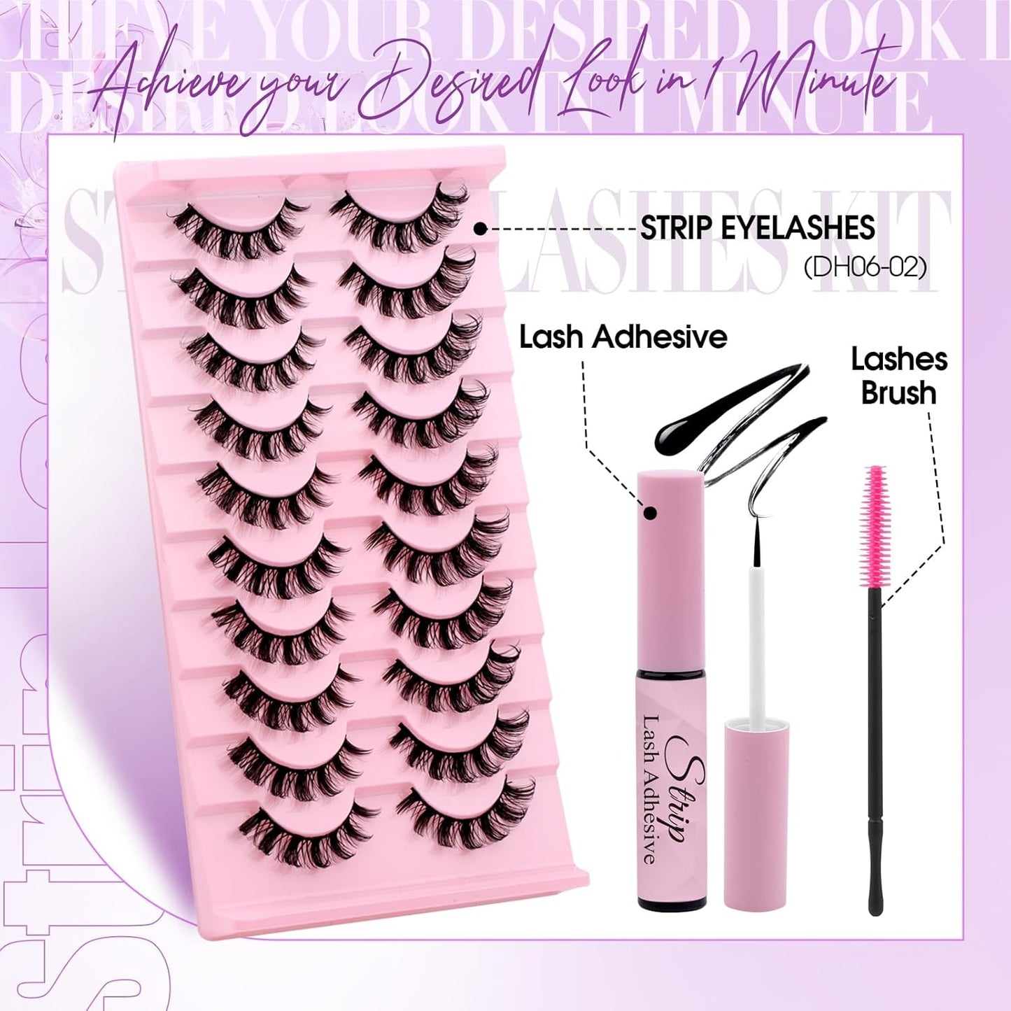 Strip Lash with Glue for DIY Lash-users: 10 Pairs, DIY, Natural Look, Fluffy, Manga, Wispy, Waterproof, Anime, Cat Eye, D Curl, DH06-02