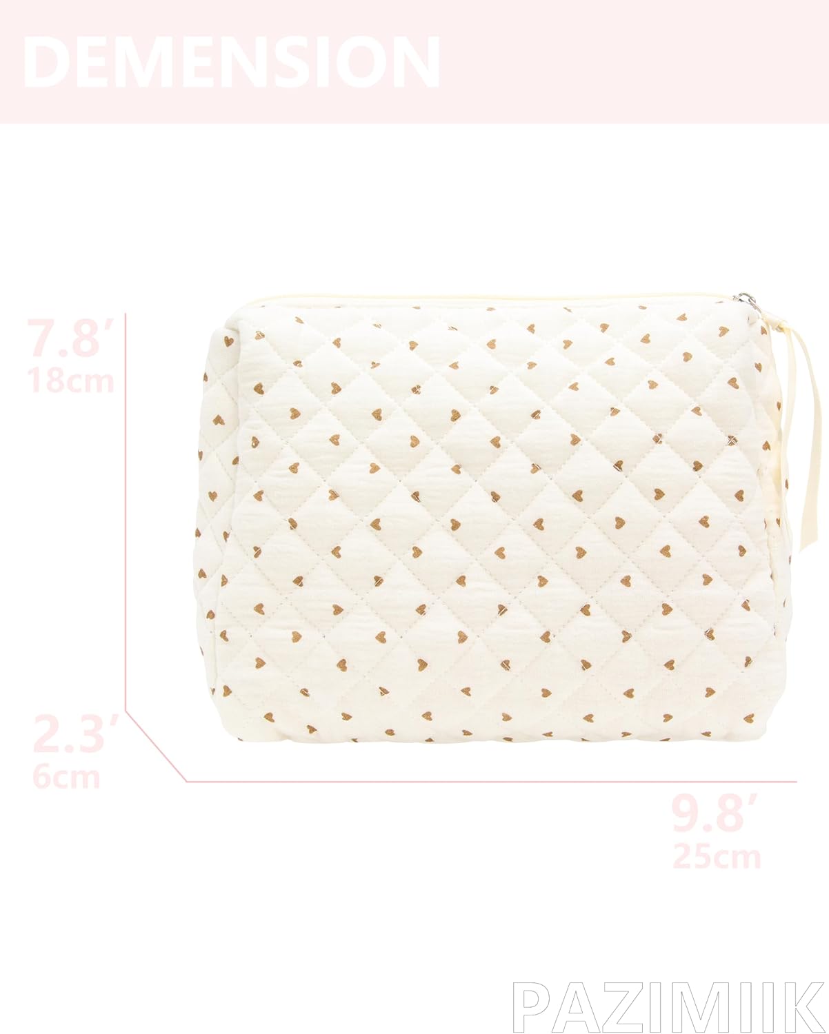 PAZIMIIK Quilted Makeup Bag Large Travel Zipper Soft Cosmetic Pouch for Women Girls Make Up,Gauze Heart Coffee