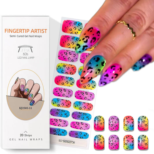 Semi Cured Gel Nail Strips with Gradient Leopard Gel nail stickers Colorful Glitter Nail strips Salon Quality & Easy to Use 20 Pcs for Women
