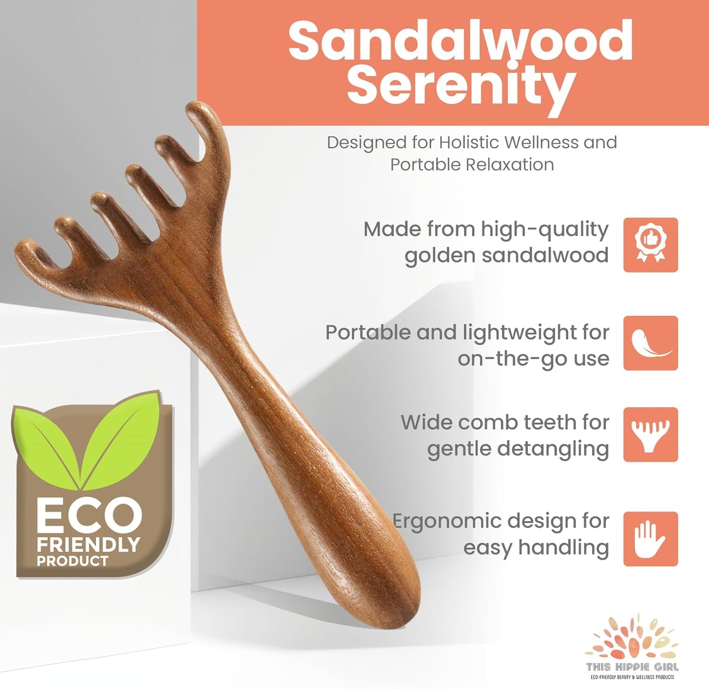 This Hippie Girl Ayurvedic Meridian Massage Comb, Wood Massage Comb for Head, Scalp and Neck Gua Sha, Sandalwood Comb for Scalp Massage, Essential Oil Massager for Women's Hair and face