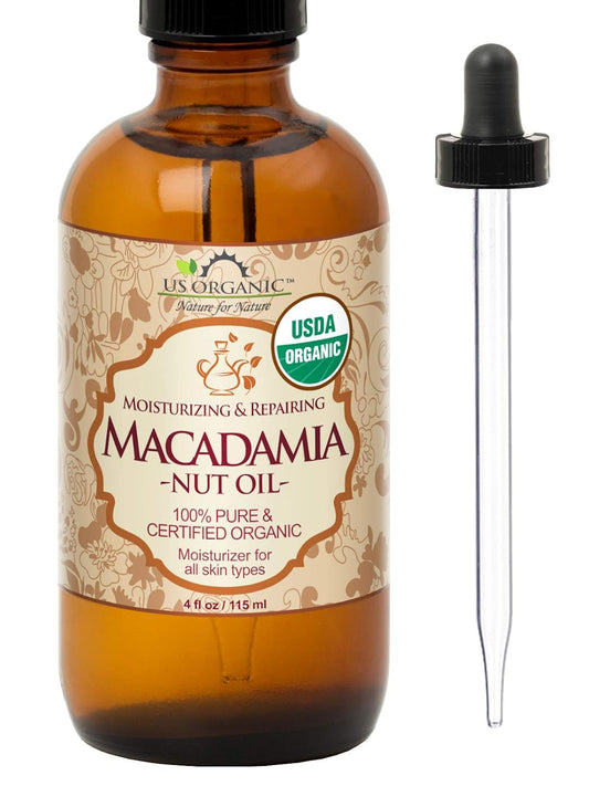 US Organic Macadamia Nut Oil Unrefined Virgin, Certified Organic, Pure & Natural, Cold Pressed, Sourced in Kenya, in Amber Glass Bottle w/Glass Eye dropper for Easy Application (4 oz (Large))