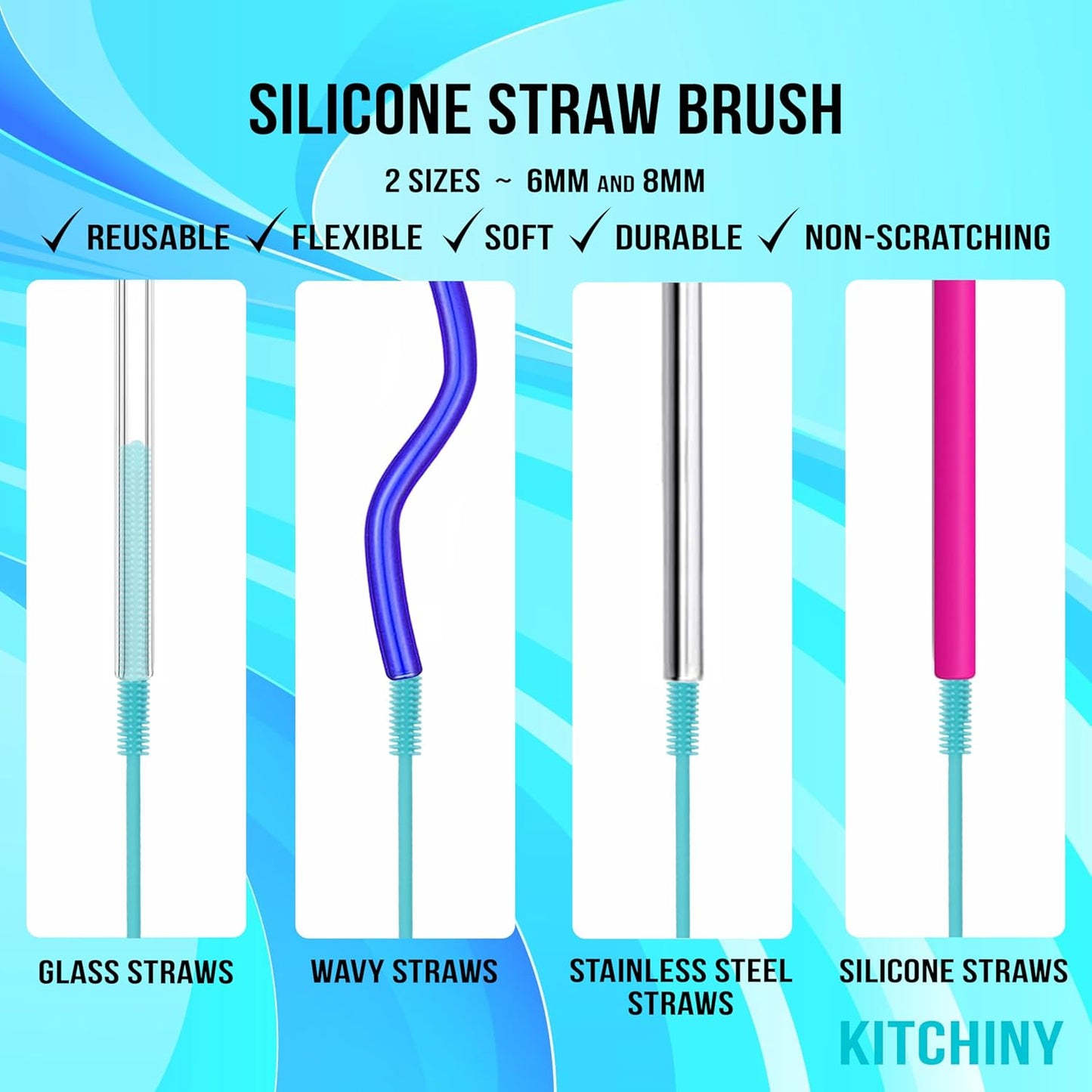12.5” Silicone Bottle Brush & Straw Cleaner Brush Set | Water Bottle Cleaner for Hydro Flasks, Tumblers, Glassware, Vases and Narrow Neck Containers