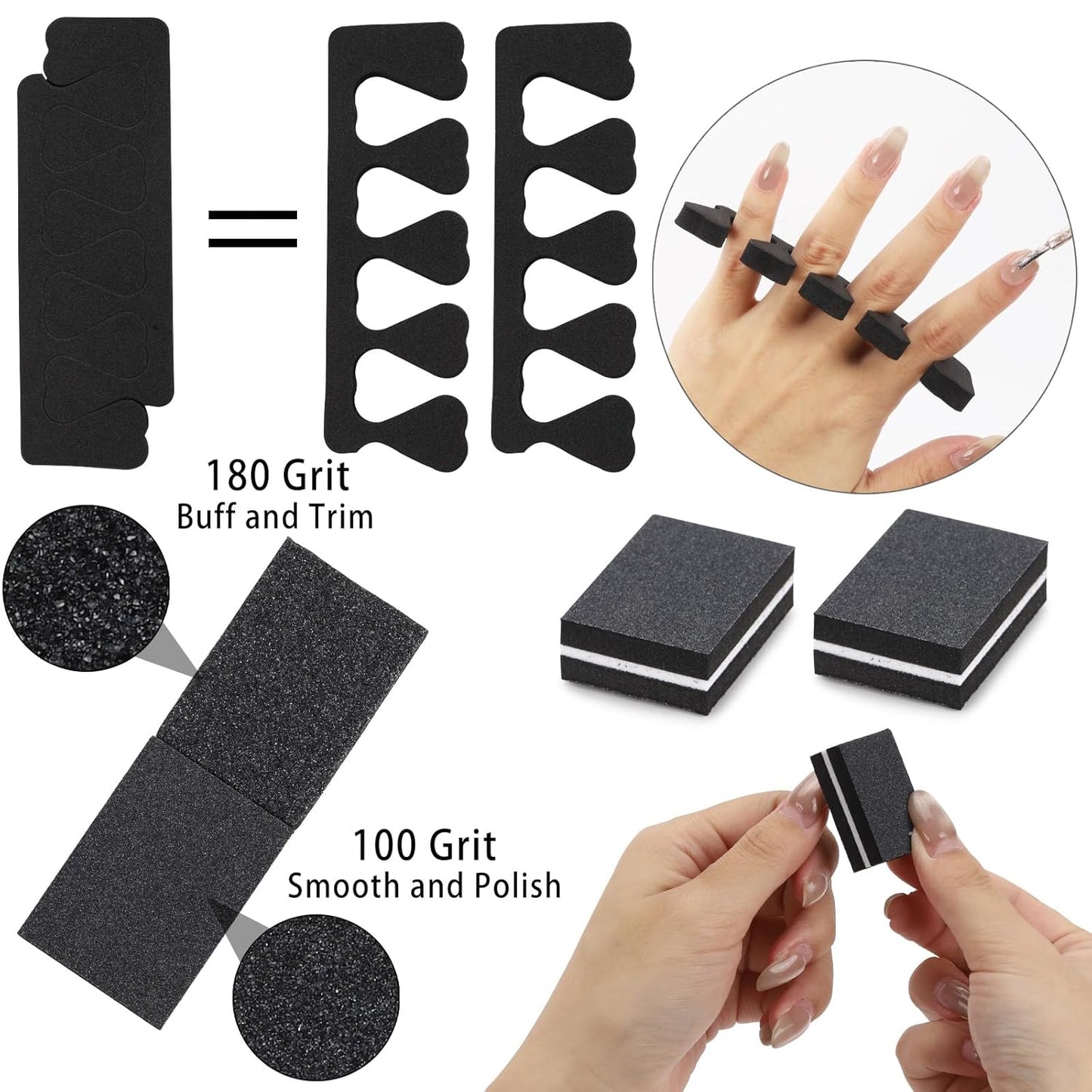 102pcs Toe Separators Set - Premium Pedicure Tool Super Soft Pedicure Toe Separator- Mini Nail Buffer Block File 80/100 Grit 2 Sided, Black