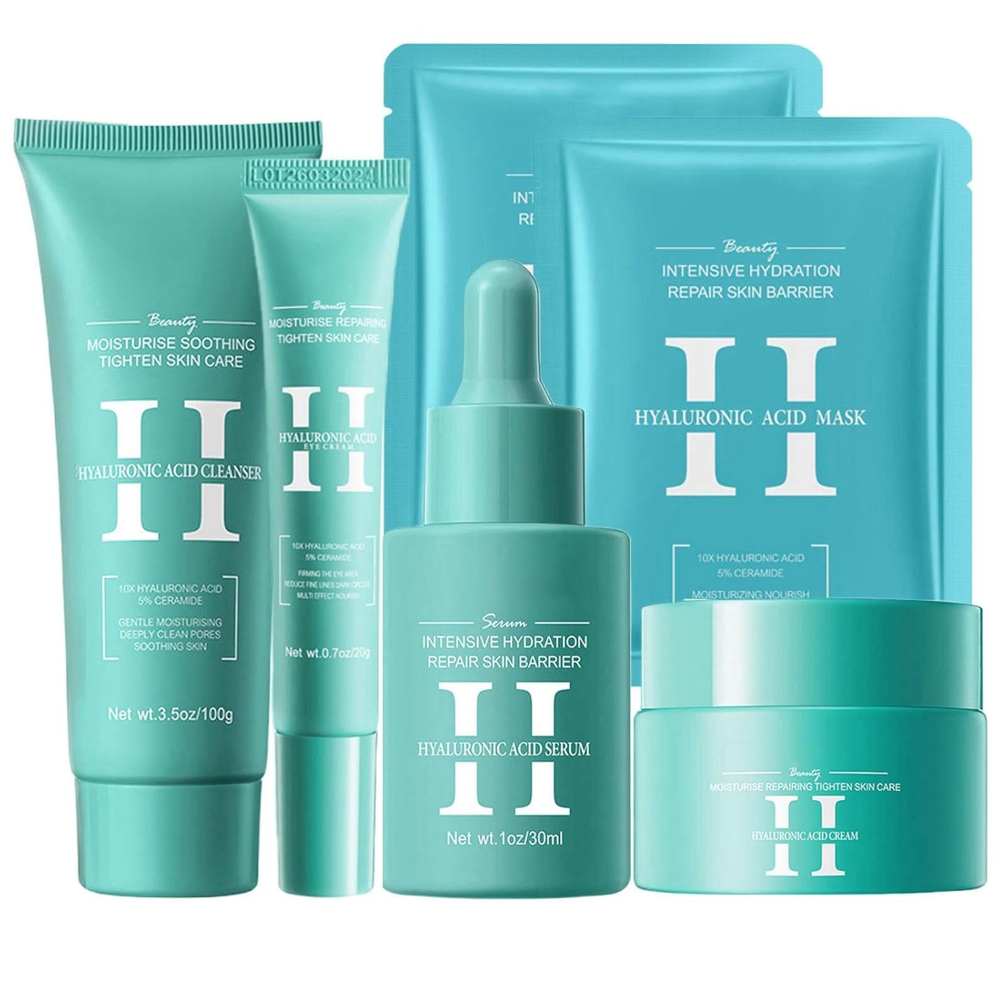 Hyaluronic-Acid Skincare Set, Skin Care Kit For Women, Skincare Gift Set, 6pcs Facial Kit For Women With Cleanser, Face Serum, Face Moisturizer, Eye Cream & Face Mask, Clean, Soft, And Plump