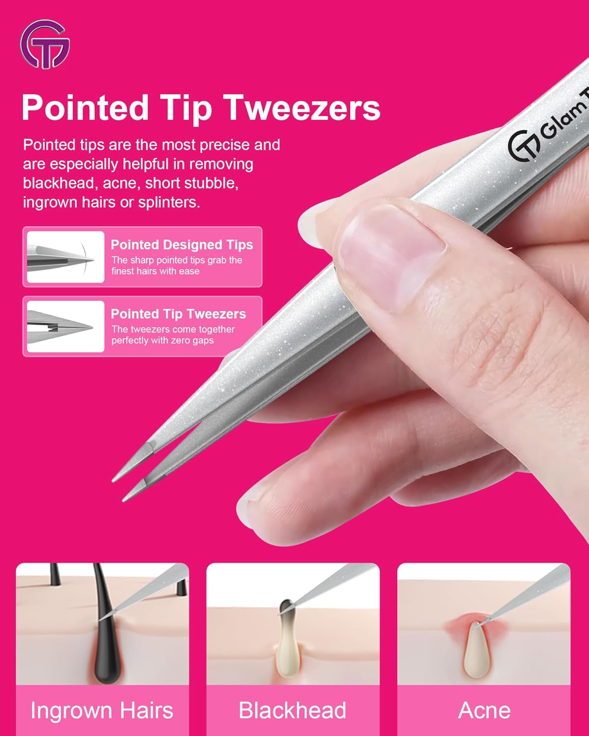 Expert Slant and Point Tip Tweezer Set with Exclusive Travel Case, GlamTweeler Sharp & Precision Tweezer Set for Eyebrows, Facial Hairs & Fine Hairs Removal (Sparkle Hot Pink + Silver)