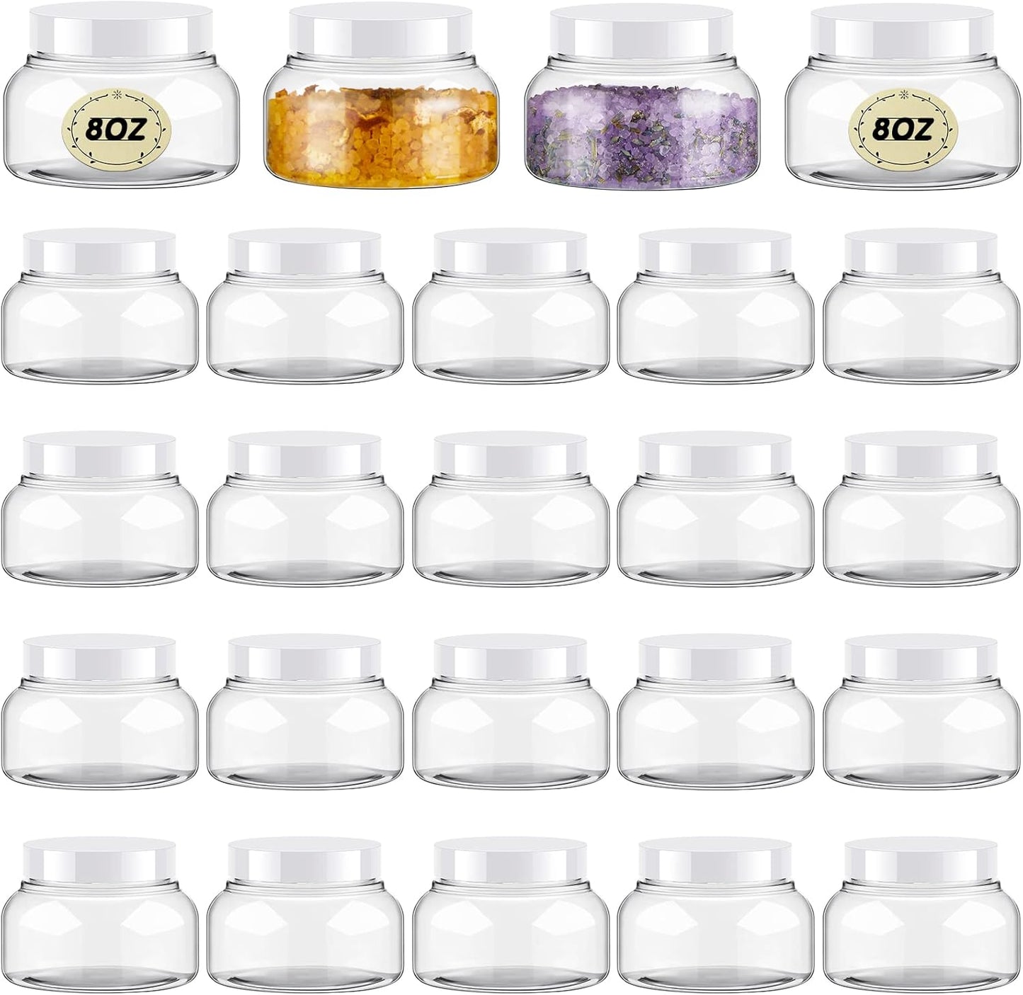 Tessco 24 Pack Plastic Jars with Lids Labels Empty Clear Plastic Jars Round Refillable Cosmetic Containers Body Butter Containers Bulk Sugar Scrub Bottle for Make Up(8 oz,White)