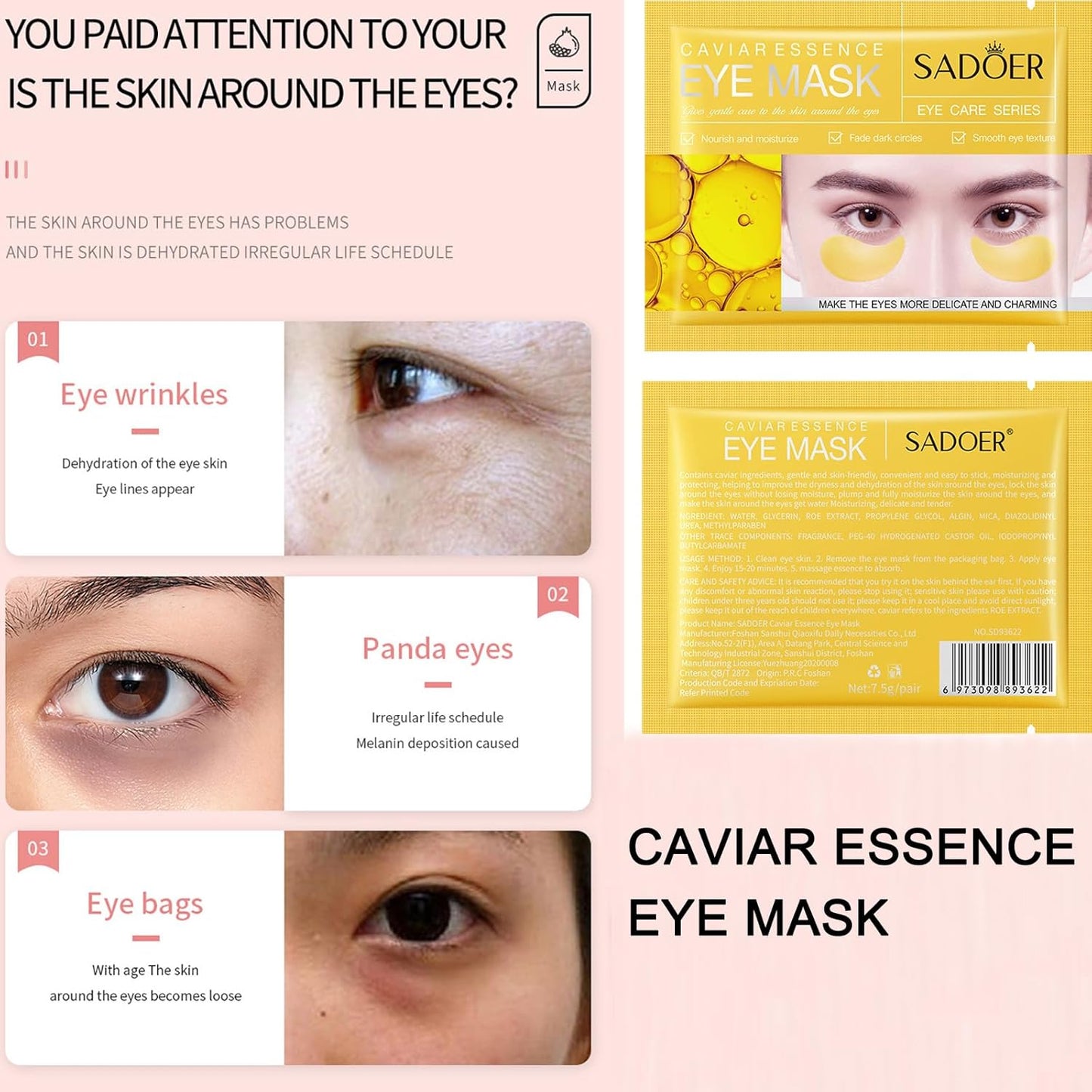 MEICOLY 30 Pads Eye and Lip Masks Sheet,Moisturizing Caviar Under Eye Mask,Hydrating Peach Lip Masks,Crystal Anti-Aging Eye Patches Dark Circle Remover with Box,15 Eye Mask+15 Lip Mask