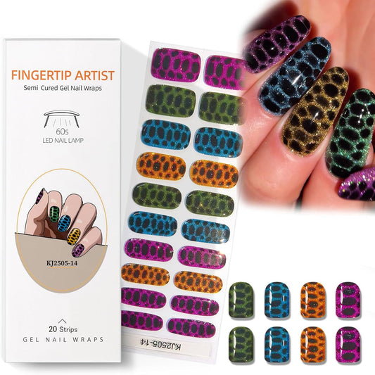 Semi Cured Gel Nail Strips with Leopard Designs Colorful Glitter Nail strips Fall Wraps Salon Quality & Easy to Use 20 Pcs for Women