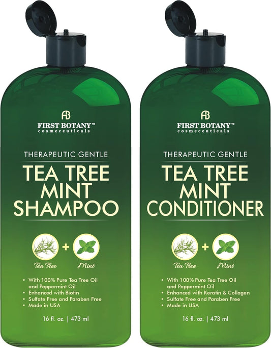 First Botany Tea Tree Mint Shampoo & Conditioner for Men & Women - Pure Tea Tree & Peppermint Oil - Fights Hair Loss, Dandruff, Lice & Itchy Scalp, Promotes Hair Growth - Sulfate Free - 16 Fl Oz x 2