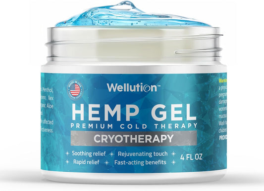 WELLUTION Cryotherapy Hemp Gel – Gentle Cooling Sensation with Menthol & Arnica – Non-Greasy, Quick-Absorbing Formula – Lightweight Gel for Comfort & Refreshing Feel – 4oz