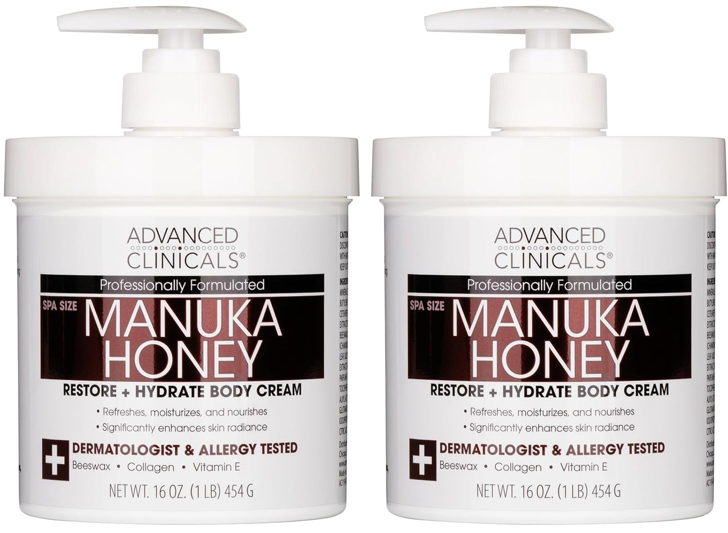 Advanced Clinicals Manuka Honey Body Cream For Women & Men | Body Butter Lotion For Extremely Dry Skin | Collagen Cream | Skincare Moisturizer Hydrating Balm Improves Look Of Aging Skin, 16Oz, 2-Pack