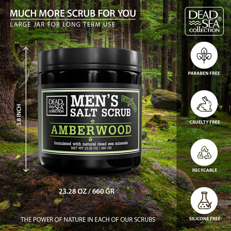 Salt Body Scrub Amberwood For Men – Moisturizes, Exfoliates & Nourishes Skin – Cleanses & Detoxifies with Dead Sea Minerals - Dead Sea Collection – 23.28 OZ