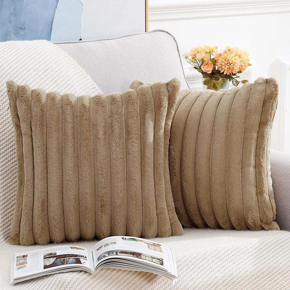 MADIZZ Set of 2 Faux Wool Plush Decorative Throw Pillow Covers 20x20 Inch Brown Fluffy Striped Soft Decorative Cushion Cover for Sofa Bedroom Pillow Shell