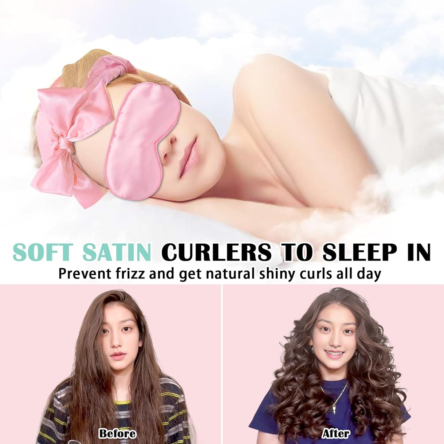 Satin Heatless Curls Overnight Hair Curlers to Sleep In Hair Curler Rollers No Heat Hair Wrap for Curls Headband, 70" Satin Heatless Curling Rod Set for Women Long Waves Hair Volume-Pink 10PCS