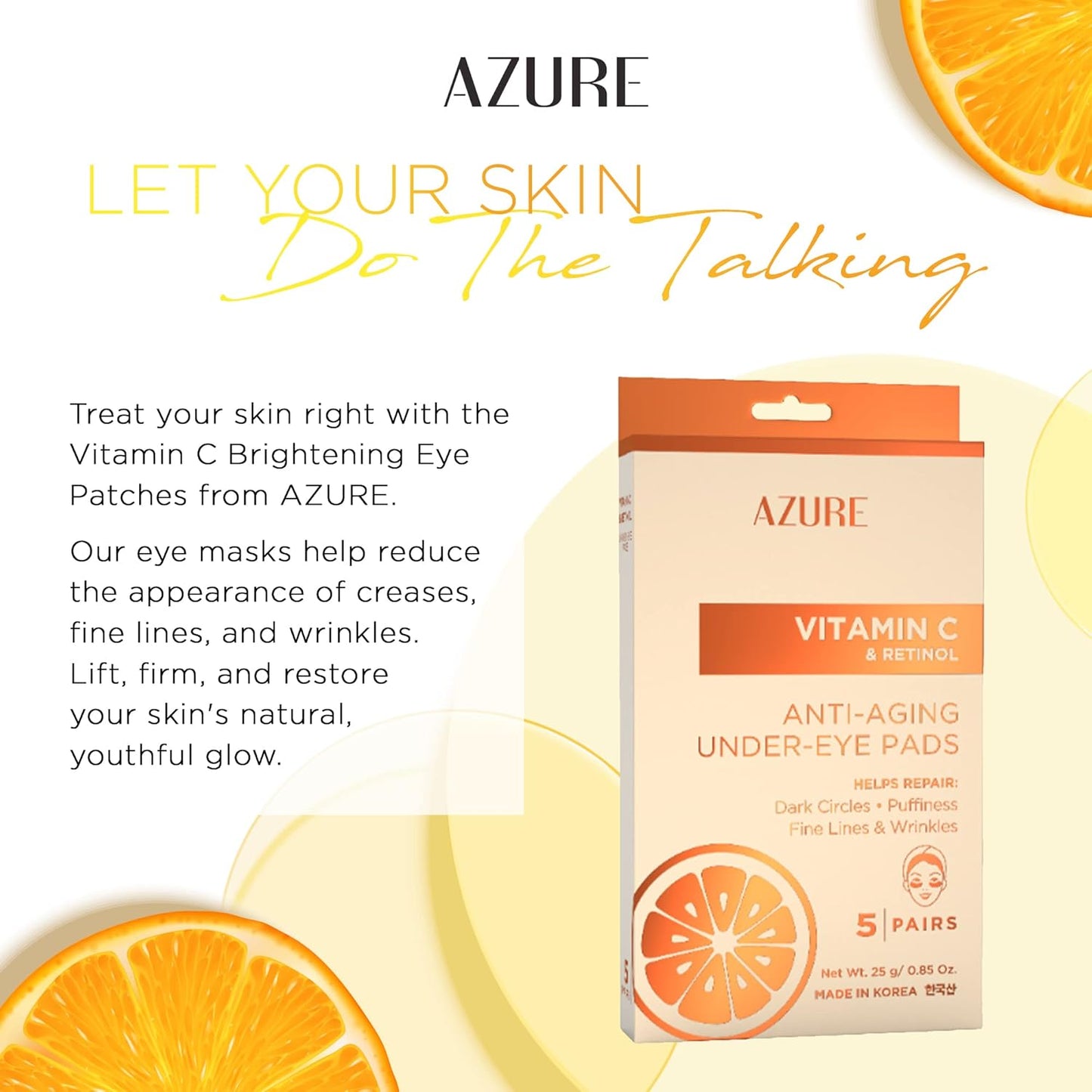 AZURE Vitamin C Brightening Under Eye Pads - Anti Aging, Lifting & Moisturizing Eye Mask Patches - Reduces Fine Lines, Wrinkles, Dark Circles & Puffiness - Skin Care Made in Korea - 5 Pairs