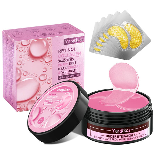 Pink Eye Mask 60Pcs, 5 Portable 24K Gold Collagen Under Eye Patches, 30 Pairs Hydrating Undereye Gel Pads for Women Men Dark Circles Puffy Eyes Puffiness Wrinkle Eye Bag Treatment