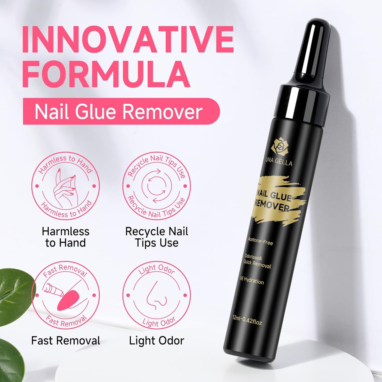 UNA GELLA Quick Removal Gel Nail Glue Remover for Press On Nails: Acrylic Nails Semi Solid Nail Glue Acetone-Free, Not for Gel Polish Base Coat Soak Off Remover Kit Drip Use, 12ml*2pcs