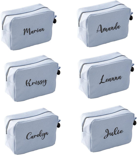 GOPHIE Personalized Embroidered Makeup Bag,Custom Waffle Fabric Cosmetic Pouch for Women, Travel Makeup Pouch (6, Sky Blue)