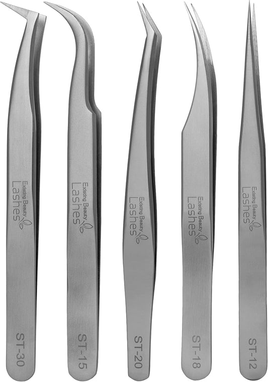 Eyelash Extension Tweezers - 5 PCS of Lash DIY Precision Set, Curved Volume Lash Tweezers - Cluster Application and Removal of Eye Lashes Extensions Stainless Steel