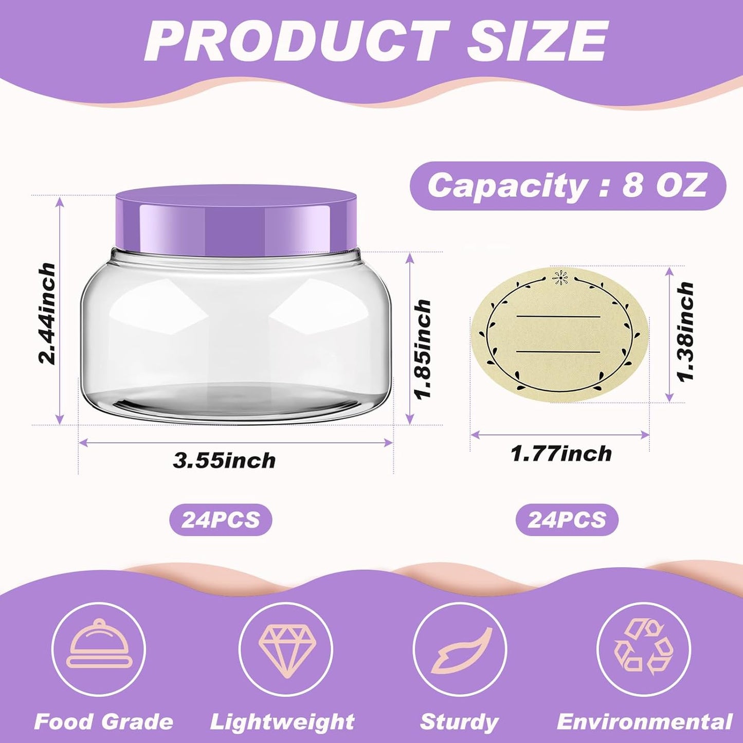 Tessco 24 Pack Plastic Jars with Lids Labels Empty Clear Plastic Jars Round Refillable Cosmetic Containers Body Butter Containers Bulk Sugar Scrub Bottle for Make Up(8 oz,Purple)