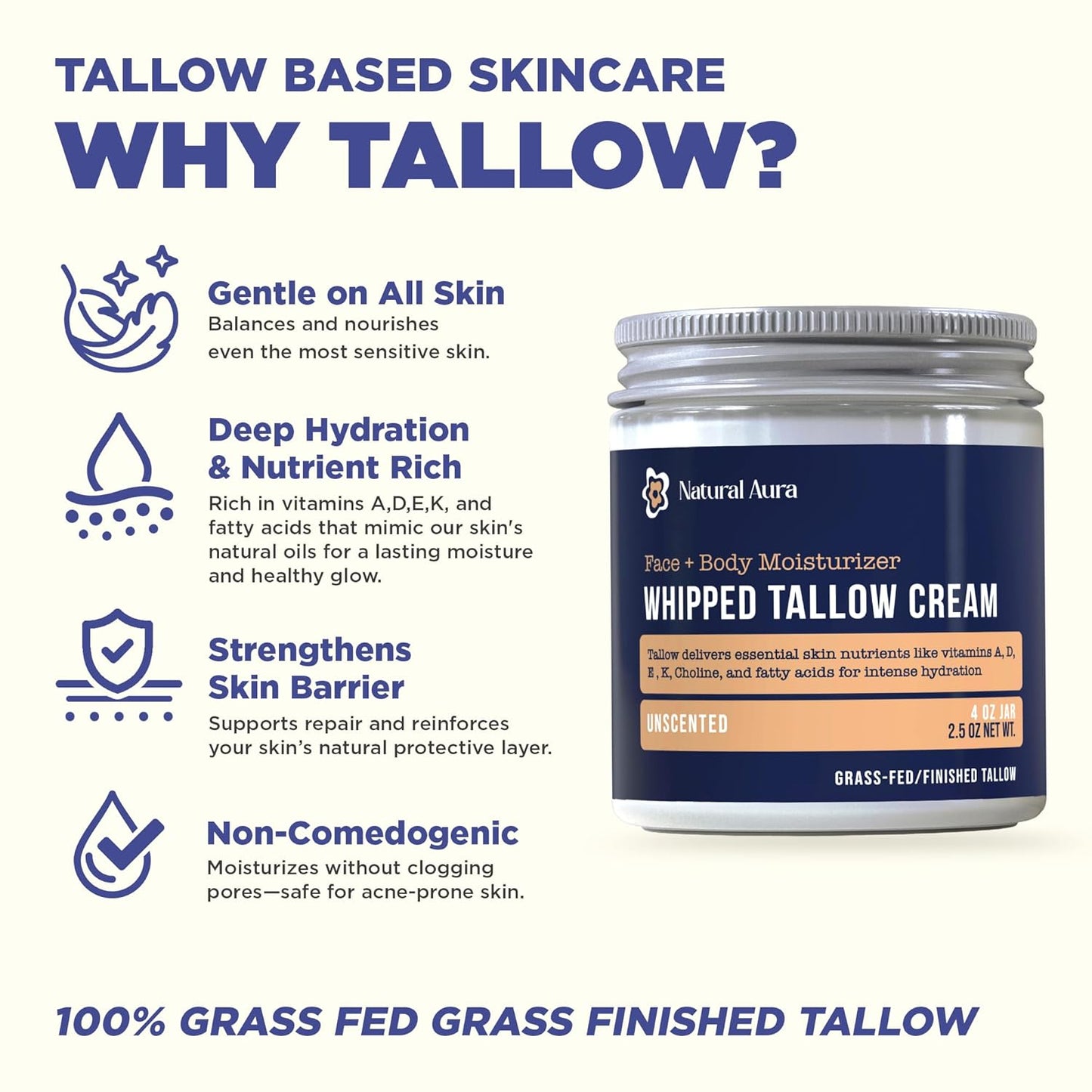 Whipped Beef Tallow for Skin - Face + Body Moisturizer, 100% Grass Fed Grass Finished Tallow and Honey Balm for Sensitive Skin - Natural Lotion - Free of Harsh Chemicals - 4oz, (Unscented)