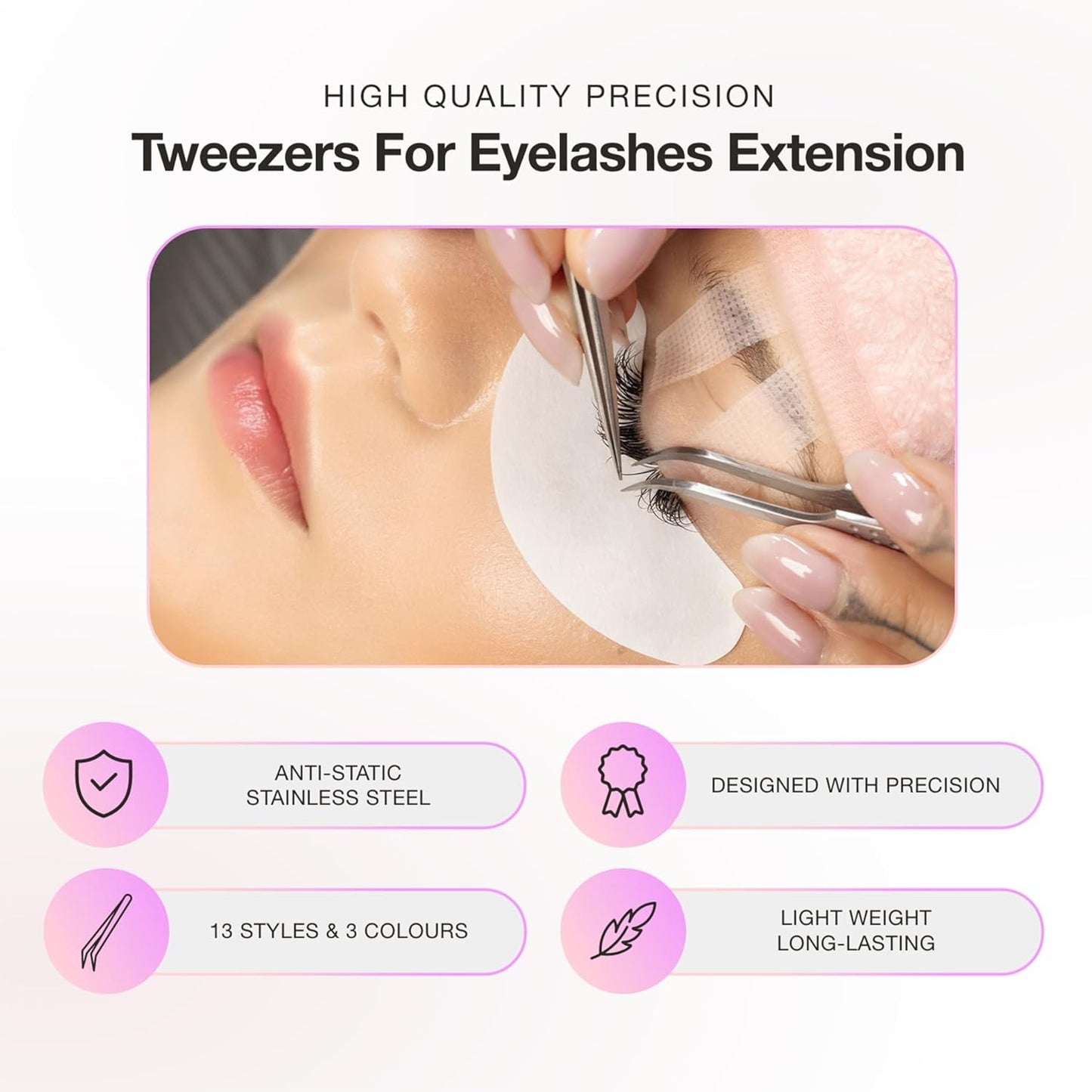 Curacoro Lash Tweezer - Professional & Precision Fiber Tip Grip Lash Tweezers for Eyelash Extensions, Multi Shapes & Purposes Tweezers for Volume, Isolation & Classic Lashes (Silver, Pinch'em)