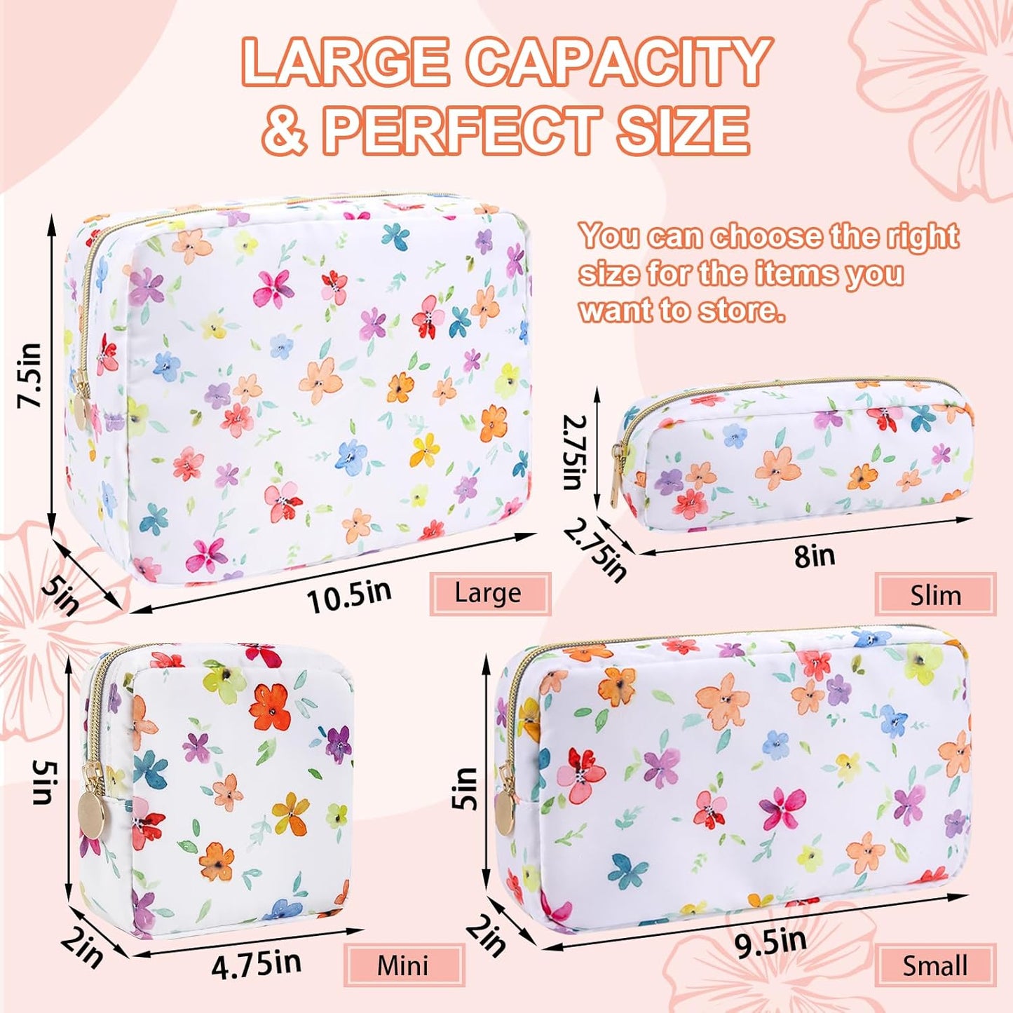 Waterproof Small Floral Pencil Case Makeup Bag for Purse,Cute Flower Pencil Pouch Preppy Nylon Makeup Brush Holder with Zipper,Girls Portable Storage Case Pen Bag for Work(Slim Colorful-Flowers)