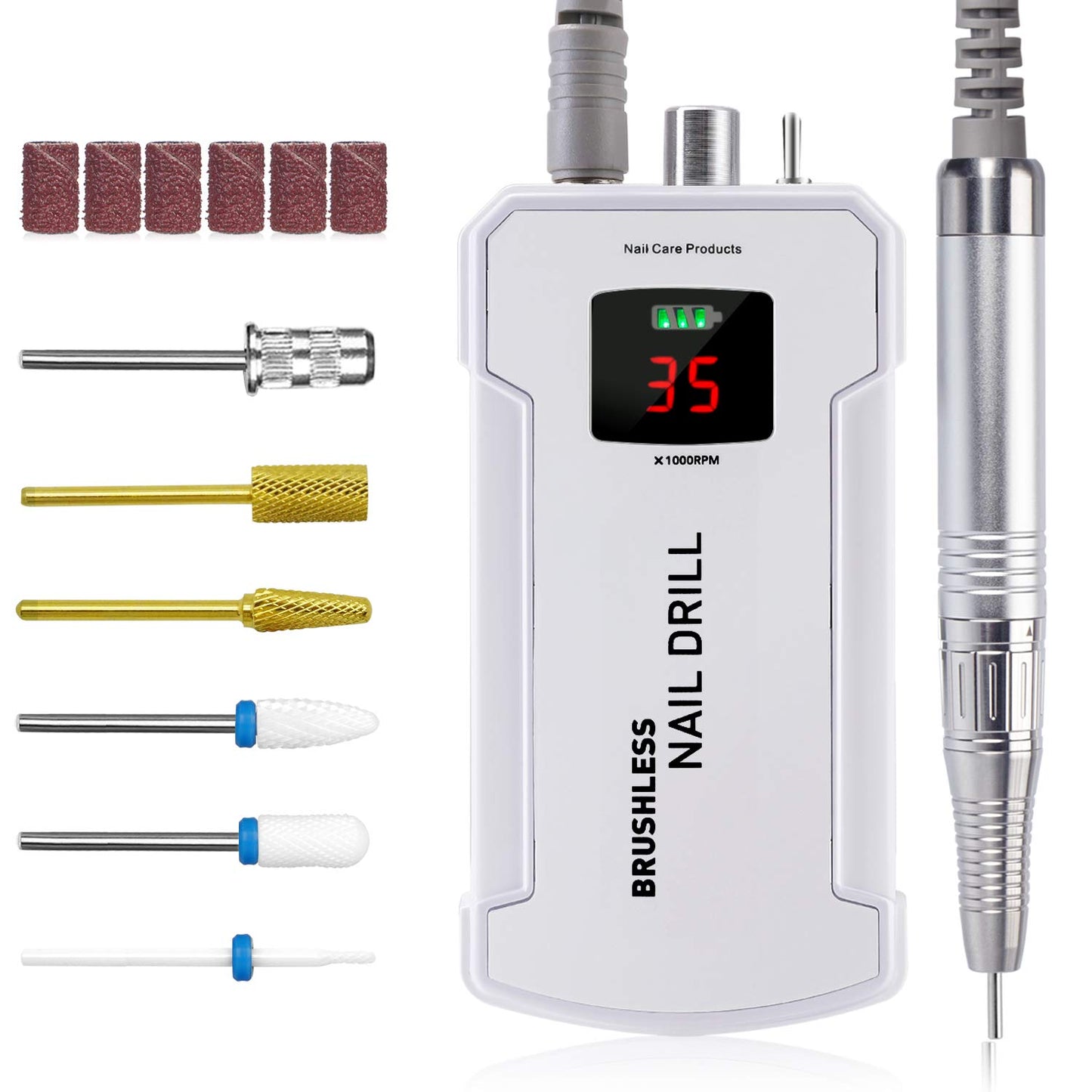 Professional Nail Drill Machine, IMENE 35,000RPM Portable Brushless Nail Drill Rechargeable E-File Nail Drill Perfect for Acrylic, Gel, Natural Nails（White）