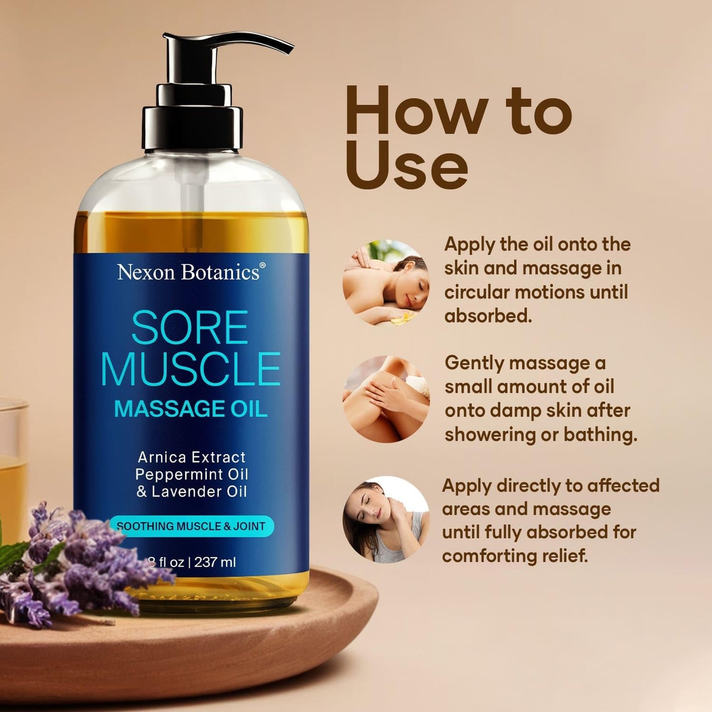 Sore Muscle Massage Oil for Massage Therapy 8 fl oz - Refreshing and Relaxing - Natural Oils with Arnica, Peppermint and Lavender Oil - for Men and Women - Nexon Botanics