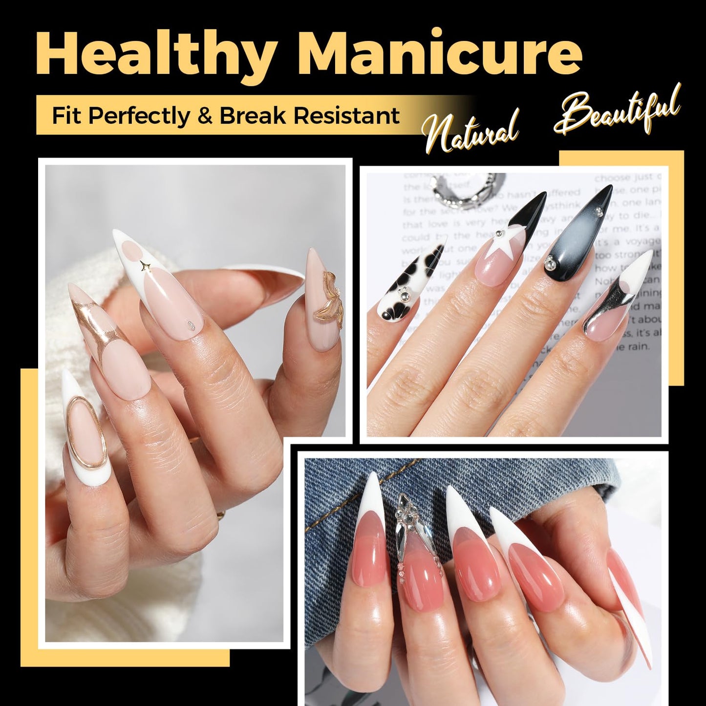 UNA GELLA Halloween Long Stiletto Gel Nail Tips, 600Pcs Pre Etched Long Stiletto Almond Nail Tips Clear Fake Nails Press on Nails No C Curve for DIY Art Salon at Home 12 Sizes