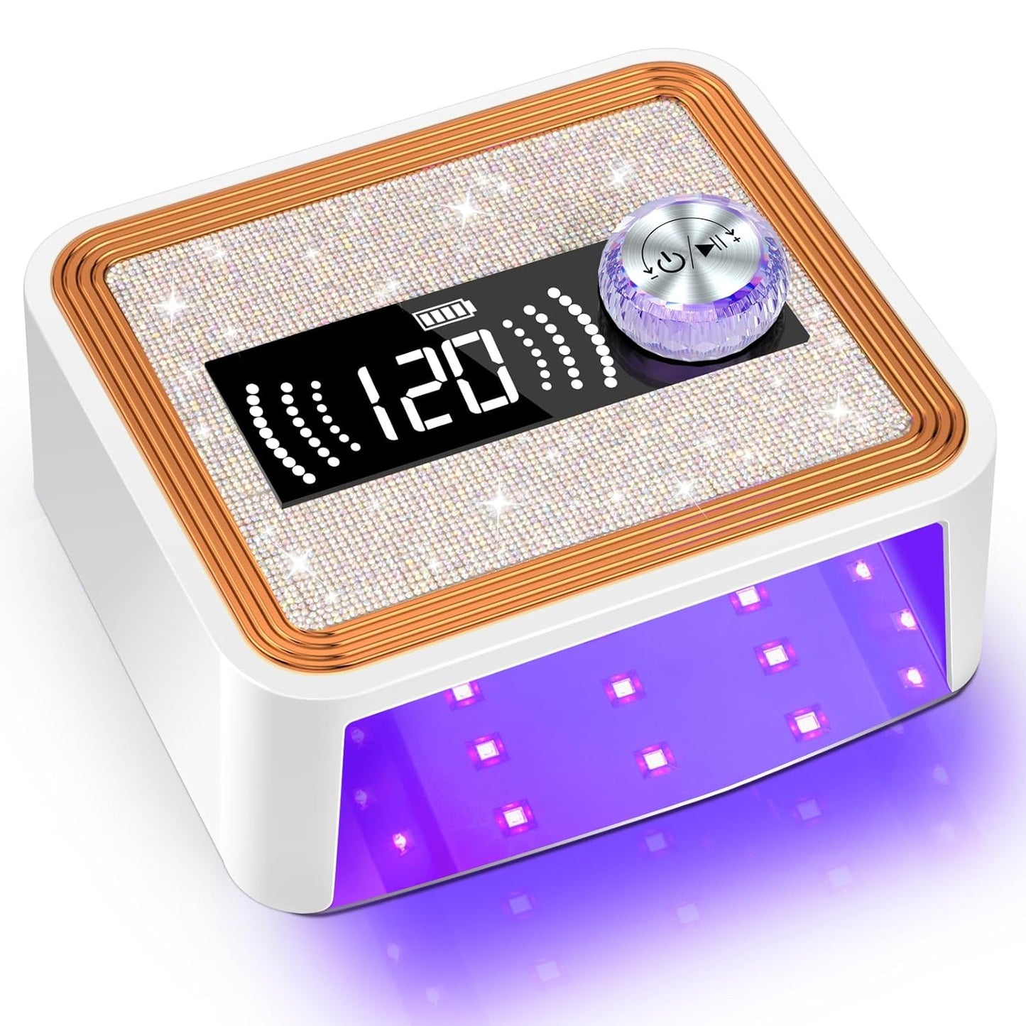 268W Cordless UV Nail Lamp, Rechargeable UV Light for Gel Nails with Unique Knob, Sparkling Rhinestones Diamond & LCD Display Screen, Professional Nail Dryer for Nail Salon & Home (White)