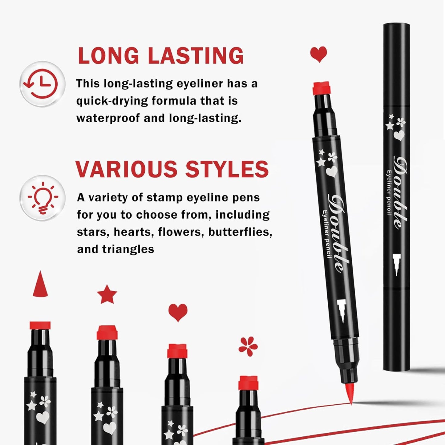 2PCS Double-headed Eyeliner Stamp Pencil Black and Red Liquid Winged Eyeliner Stamp Pen Waterproof Smudgeproof Eye Liner Stamp for Eye Makeup(Star)
