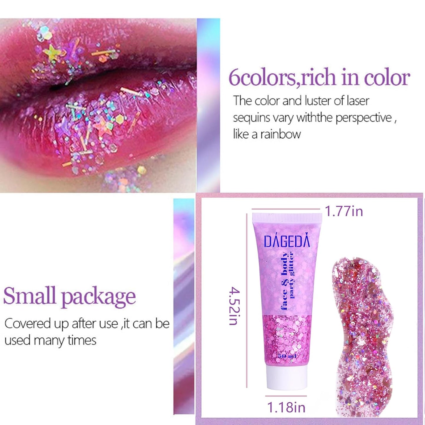 DAGEDA Body Glitter Gel, Face Glitters Body Gel Sequins Shimmer Liquid Eyeshadow, Chunky Glitter for Face Hair Nails, Holographic Cosmetic Laser Powder Festival Glitter Makeup 50ml(Fuchsia)